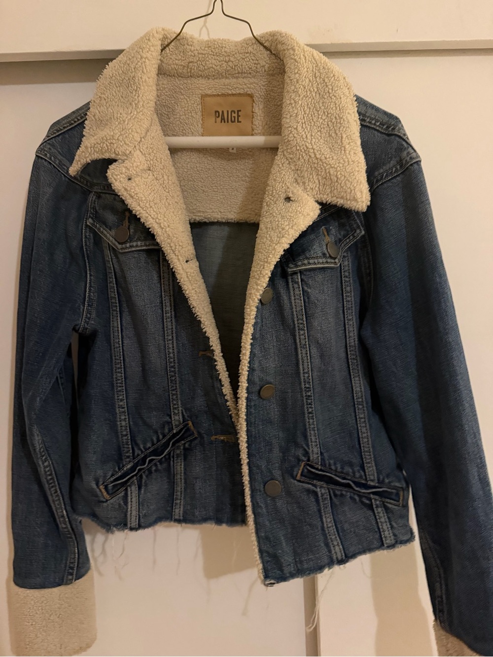 PAIGE Blue Denim Sherpa-Lined Jacket with Cream Collar